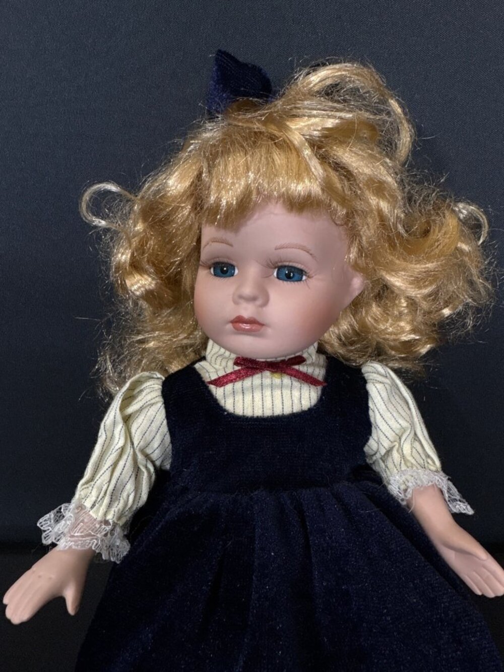 Duck House Porcelain Doll Vintage Blonde Curls Blue Velvet Lace Dress Blue Eyes - Picture 2 of 16